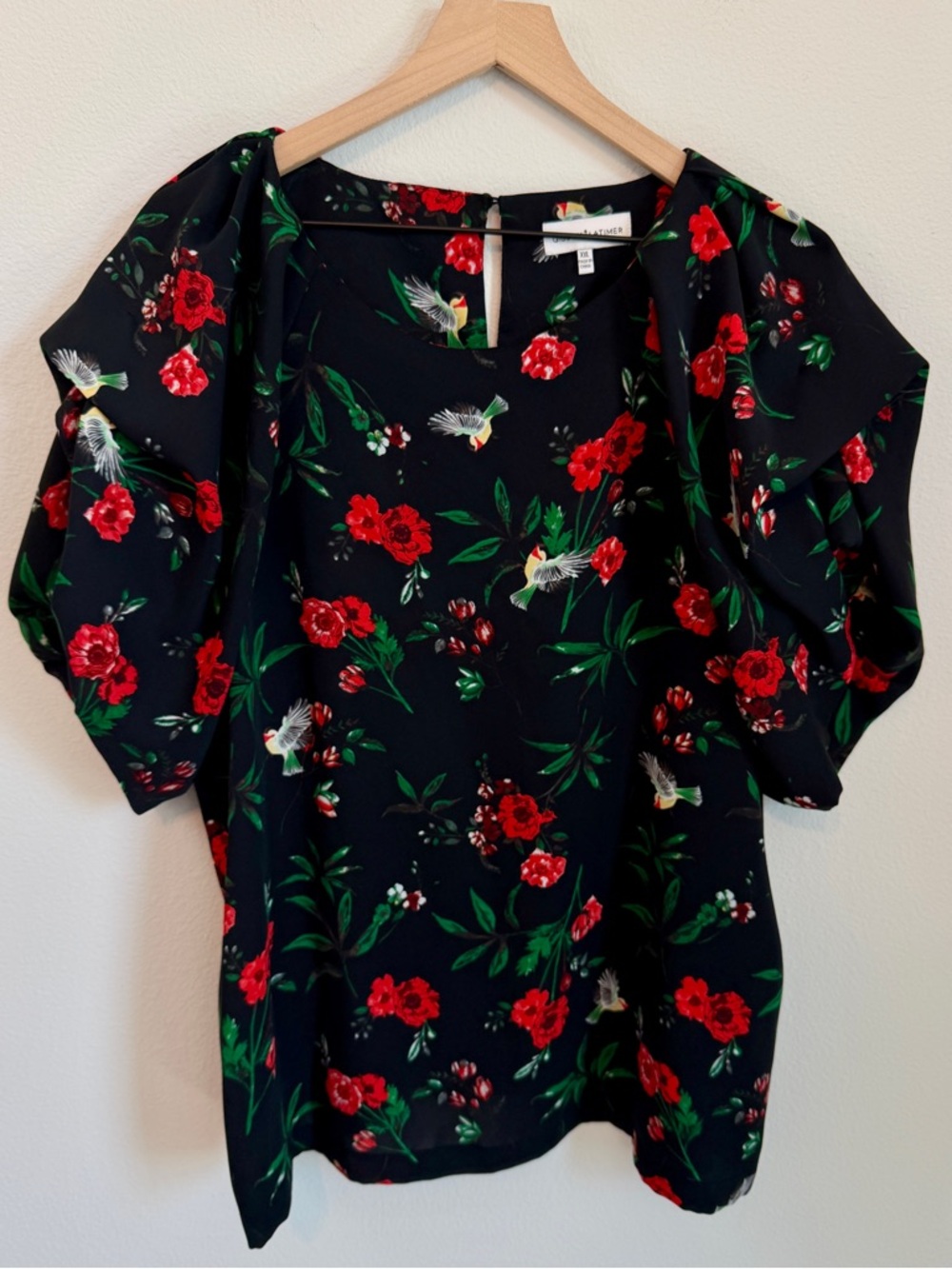 Gibson Latimer Black Blouse with birds and Red Floral